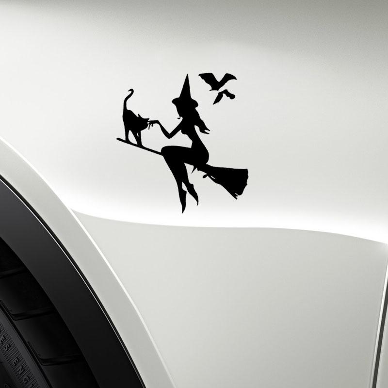 LYKX Witch on Broomstick with Cat Bats Car Sticker Automobile Exterior Accessories Vinyl Decal for Toyota Honda Lada Vw Bmw