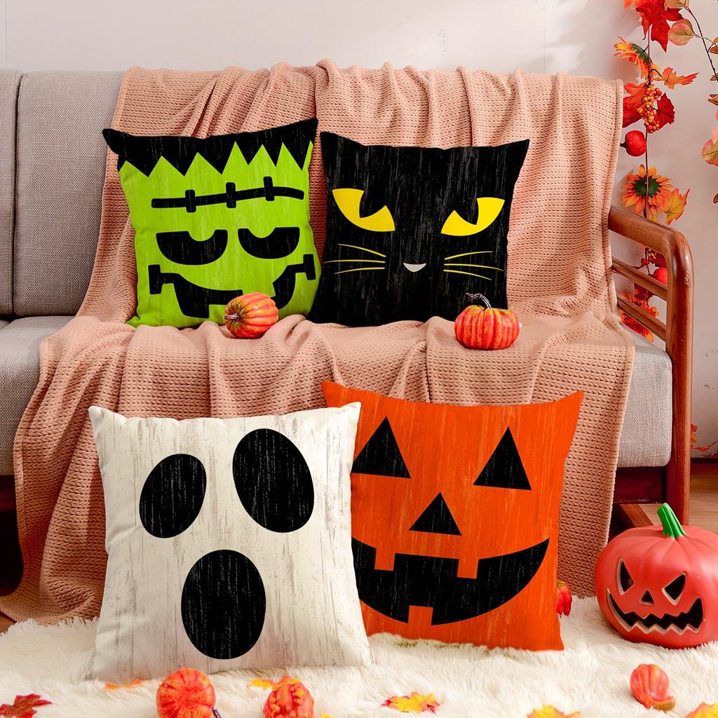 4pcs Halloween Pillow Covers 18*18Inch Linen Blend Throw Pillow Cover Pumpkin Cat Ghost Pattern Cushion Cover for Home Couch
