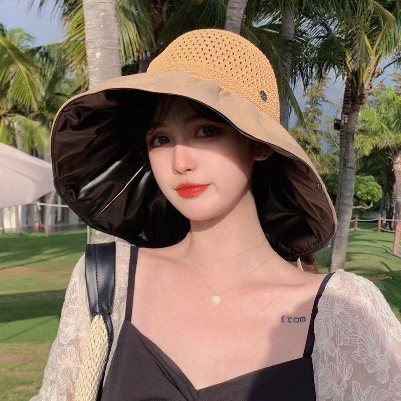 Women s Black Vinyl Wide Brim Open Top Sun Hat with Bow - UV Protection for Beach/Summer One Size