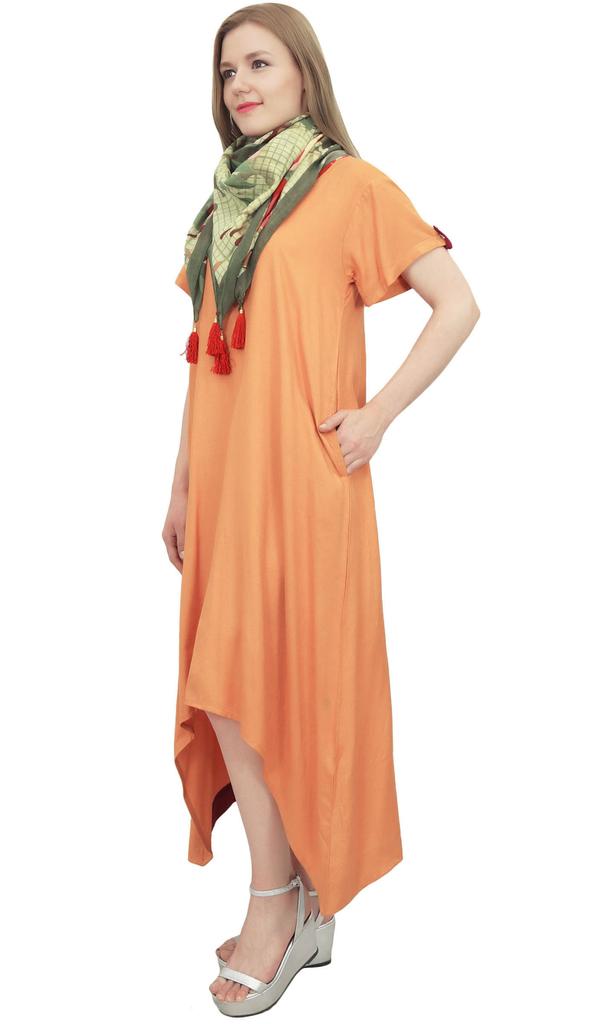Bimba Women's Casual Black Short Sleeves Asymetrical Hem Dress With Scarf -