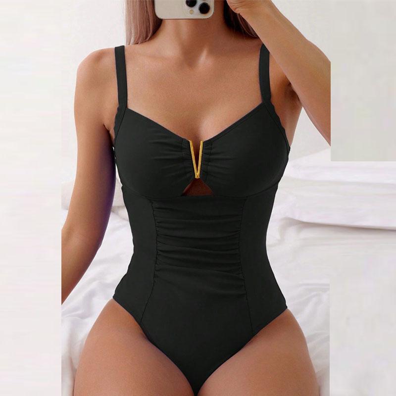 Sexy V Neck One Piece Swimsuit Women Hollow Out Pleate Tummy Control Swimwear Beach Bathing Suit Slim Monokini