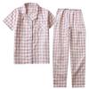 Couple plaid loungewear cotton gauze short-sleeved trousers pajamas women's thin men's spring and summer suit cotton yarn