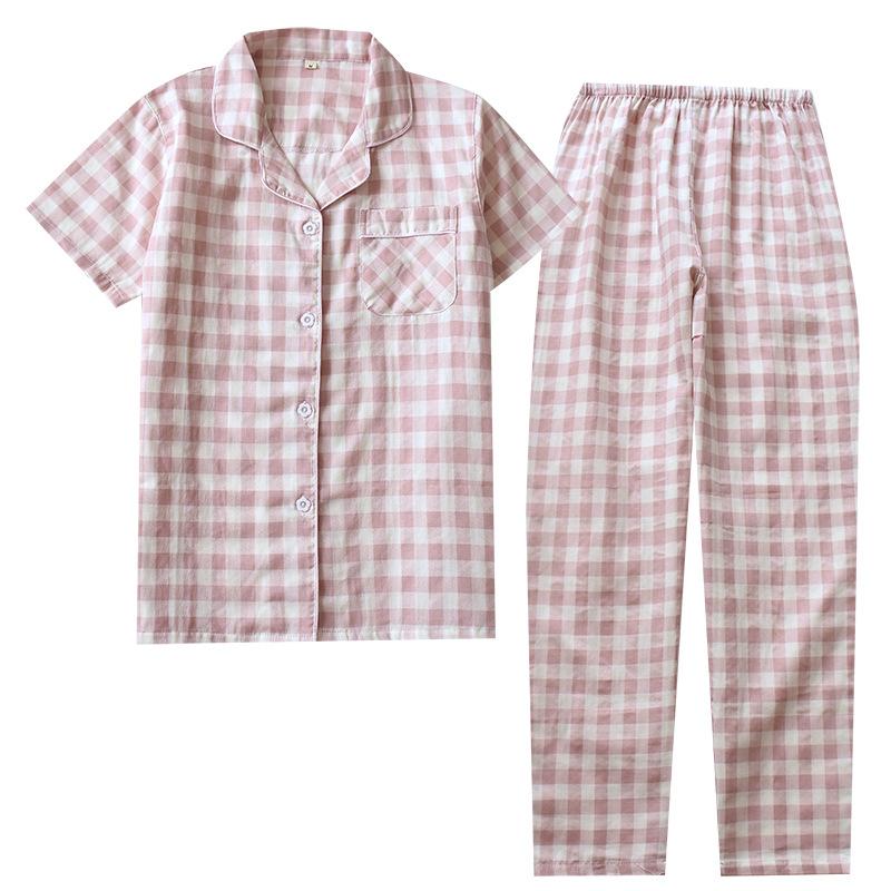 Couple plaid loungewear cotton gauze short-sleeved trousers pajamas women's thin men's spring and summer suit cotton yarn