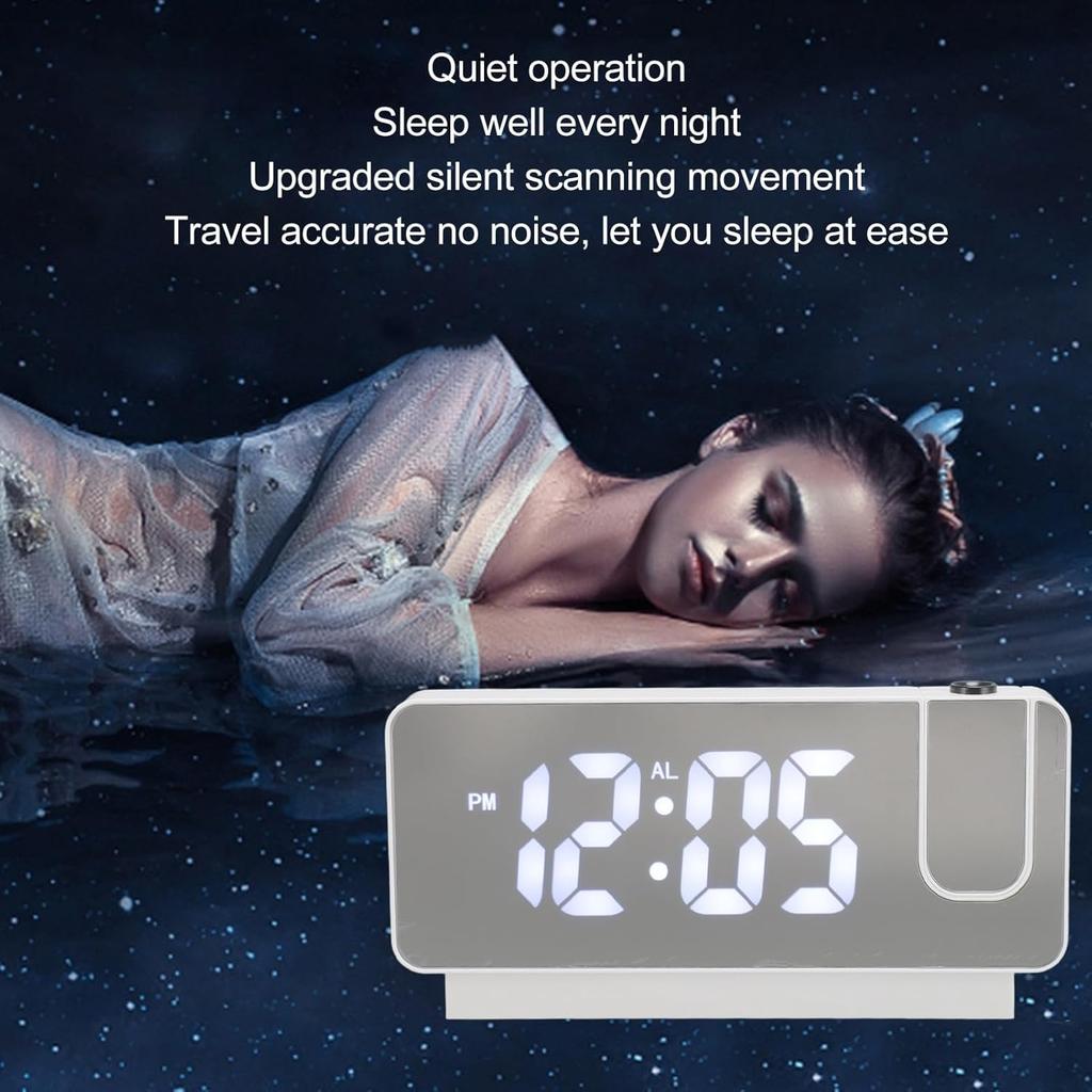 Projection Digital Alarm Clock for Bedrooms USB Rechargeable White Light Snooze Function Adjustable Brightness LED Mirror Digital Alarm Clock (White