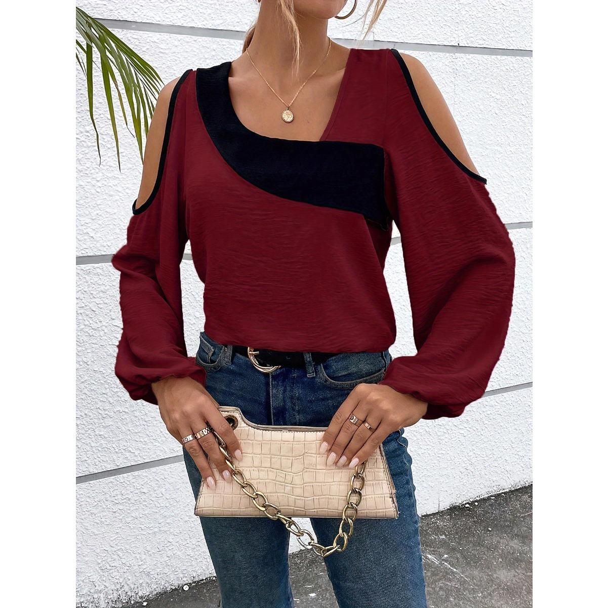 

Блуза с открытыми плечами с цветовыми блоками, повседневный топ с длинными рукавами, женская одежда XXL(14) бордовый