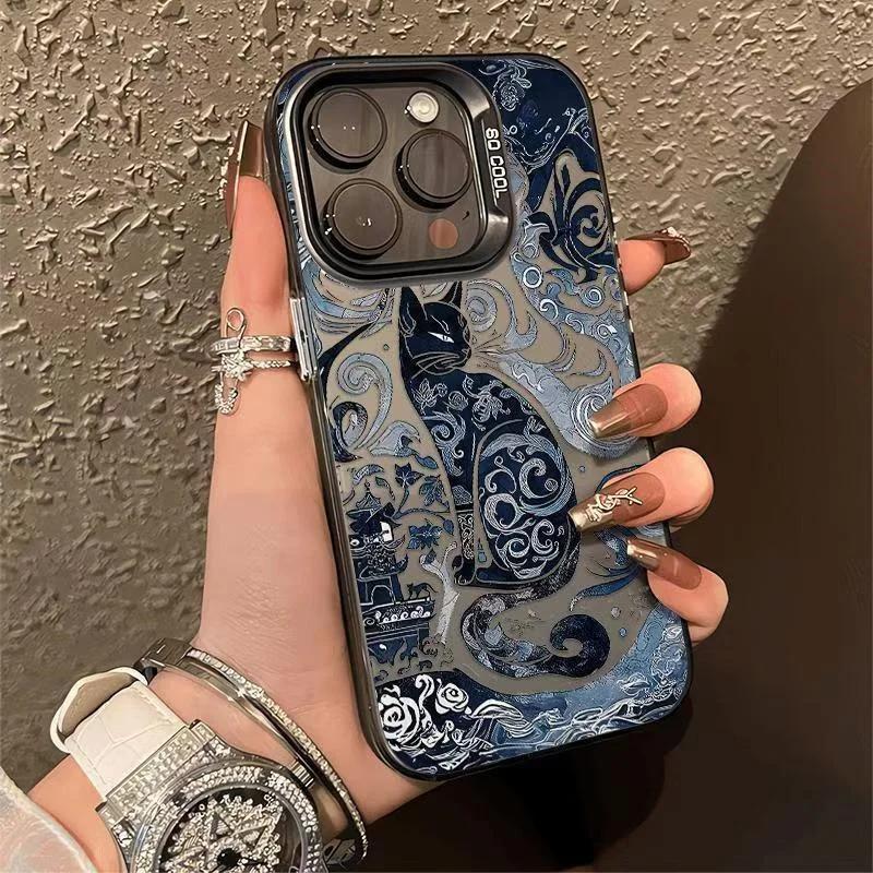 Electroplate Silver IMD Phone Case for IPhone 16 15 14 13 PRO MAX 11 12 13 PRO X XS XR 7 8 Plus Cute Blue and White Cat Cover