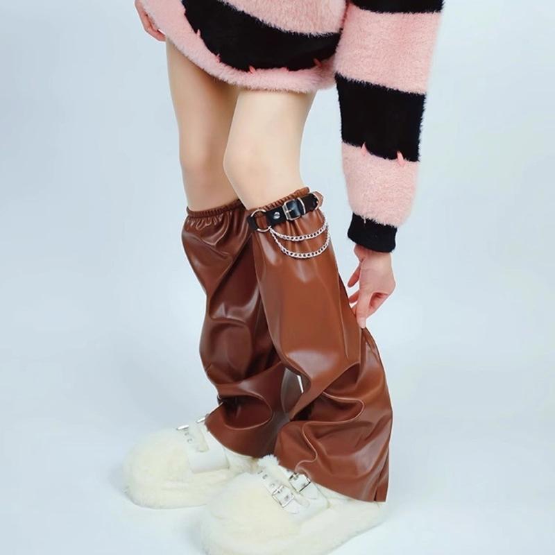 Women's Harajuku Faux Leather Flared Leg Warmers and Over Knee Socks Garter Belt Set for Punk Girls Japanese Streetwear