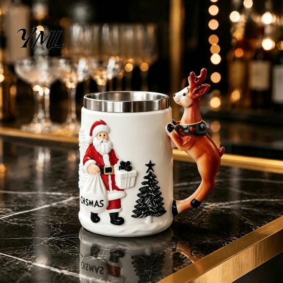Decorative Desk Pen Holder Christmas Santa Claus Coffee Mug with Reindeer Handle, 300ml 3D Collectible Drinkware Embossed Resin Holiday Cup