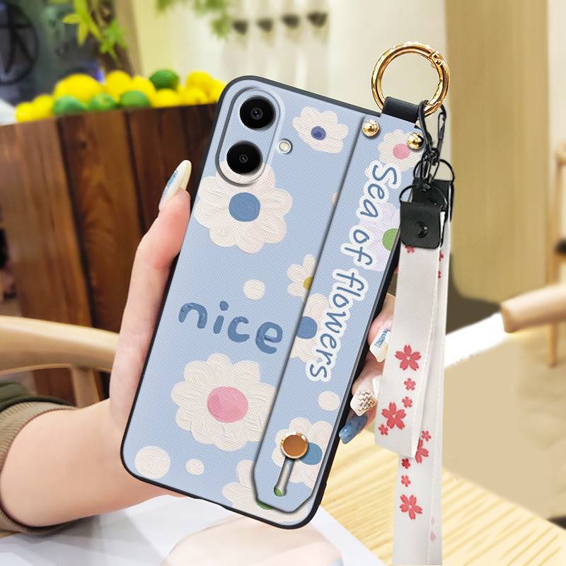 Durable Back Cover Phone Case For Samsung Galaxy A07 Flower Silicone Anti-knock Wrist Strap Shockproof Lanyard Anti-dust