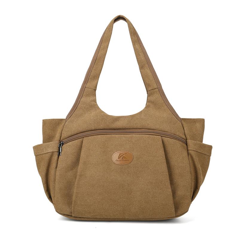 Vintage Women's Bag Large Capacity Canvas Tote Bag Solid Color Portable Shoulder Bag