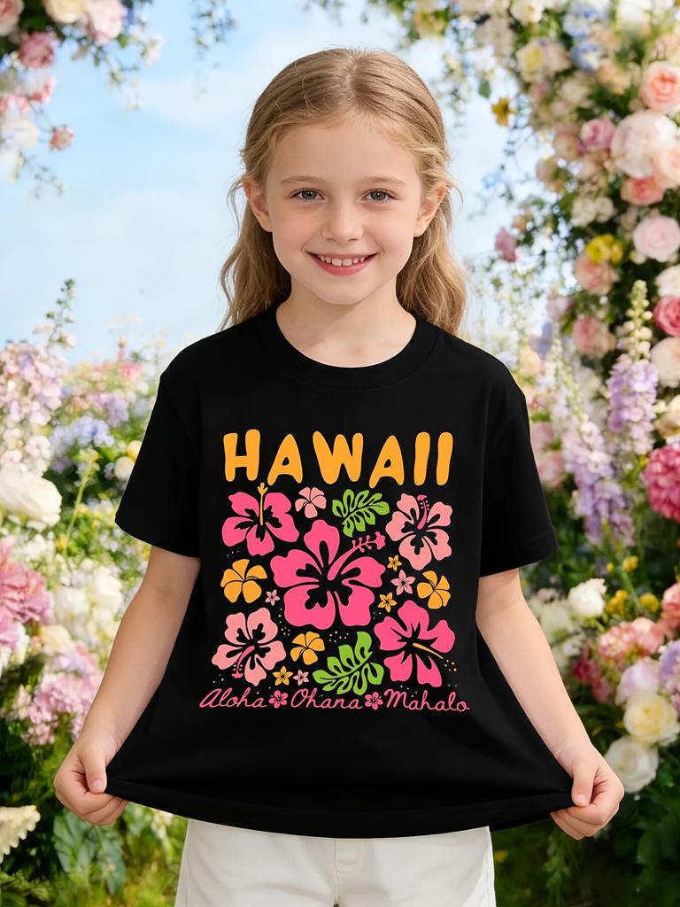 Girls Crew Neck Short Sleeve T-Shirt with Colorful Floral Print