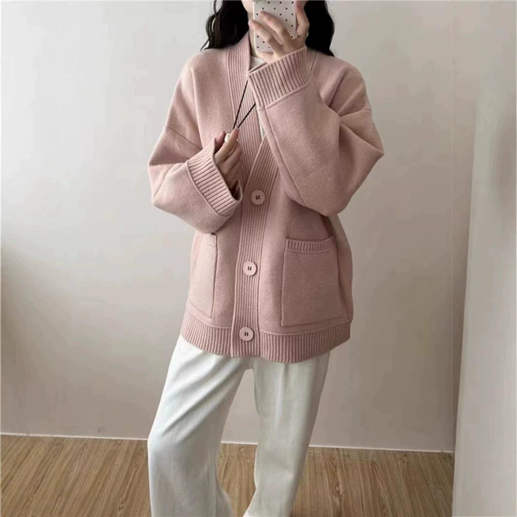 

2025 Осень Новый Женский Свитер Вязаный Базовый Модный Топы Футболки Кардиган Длинный Рукав Корея Рубашка Свободное Пальто one size розовый