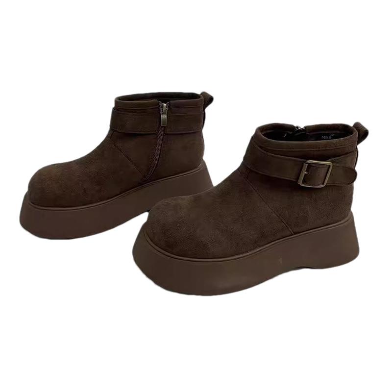 Platform Women Snow Ankle Boots Suede Short Plush Mid Heels Cotton Shoes 2025 Trend Warm Cozy Buckle Winter Designer Botas Mujer