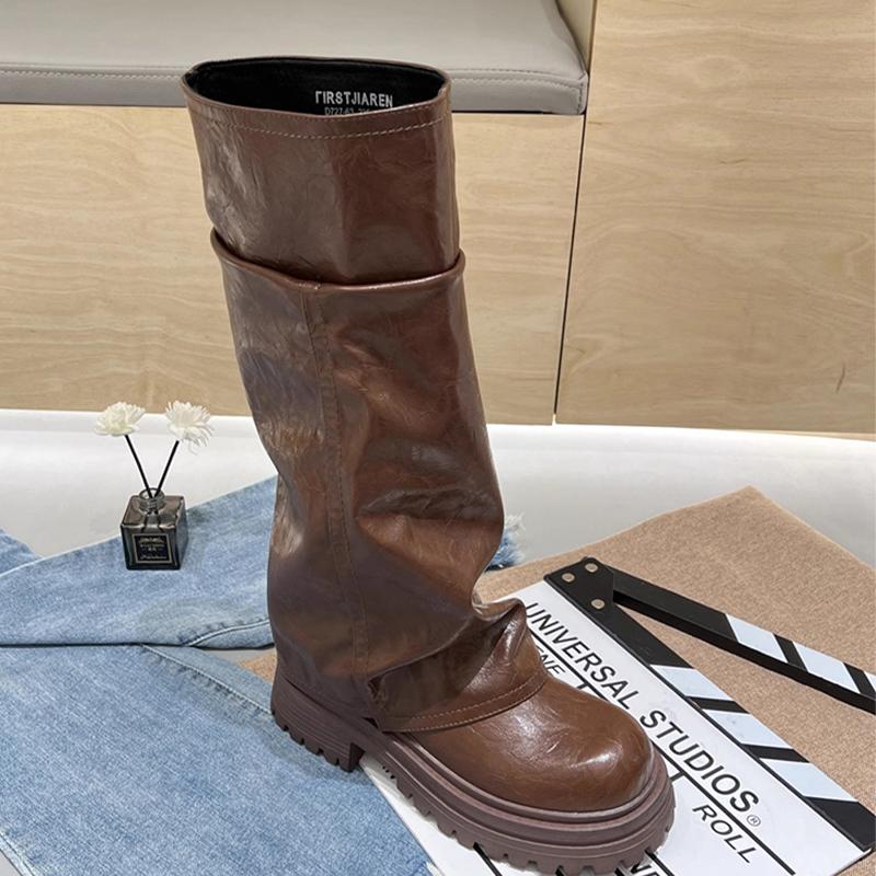 

Женские высокие ботинки на платформе Кожаные ботфорты до колена На плоской подошве Женская обувь Тренд 2025 Зимняя мода Платье Готика Ретро Мотоциклетные ботинки Mujer 40 коричневый
