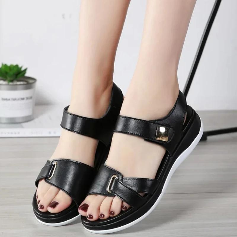 Fashion 2025 Women Female Ladies Mother Genuine Leather Shoes Sandals Flats Soft Hook Loop Summer Beach Size 35-43