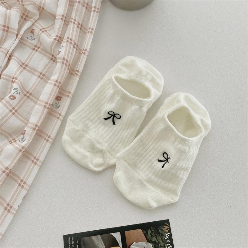 Summer Bow Embroidered Boat Socks Solid Color Thin Non-Slip Invisible Socks Light Mouth Socks Wind Wear