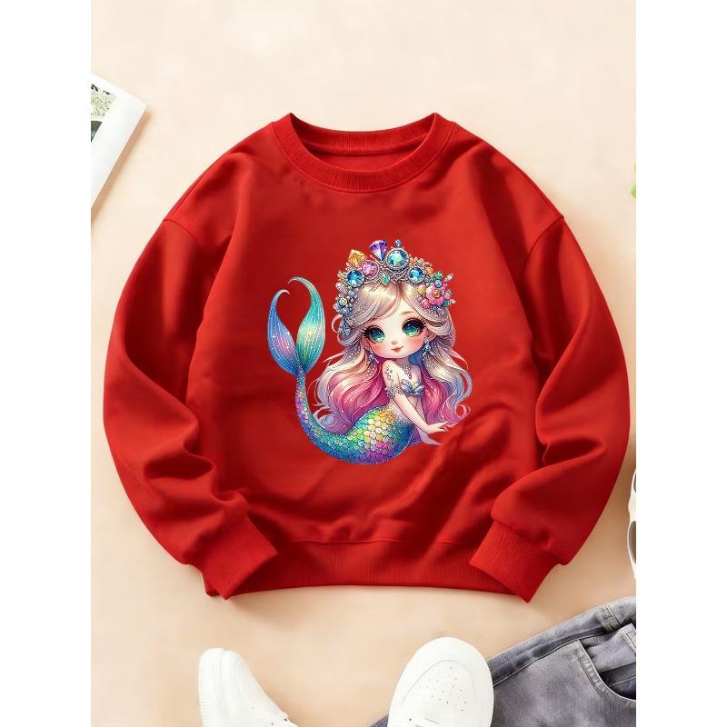 Kids Crewneck Long Sleeve Sweatshirt, Dreamy Color Scale Crown Mermaid Girly Print