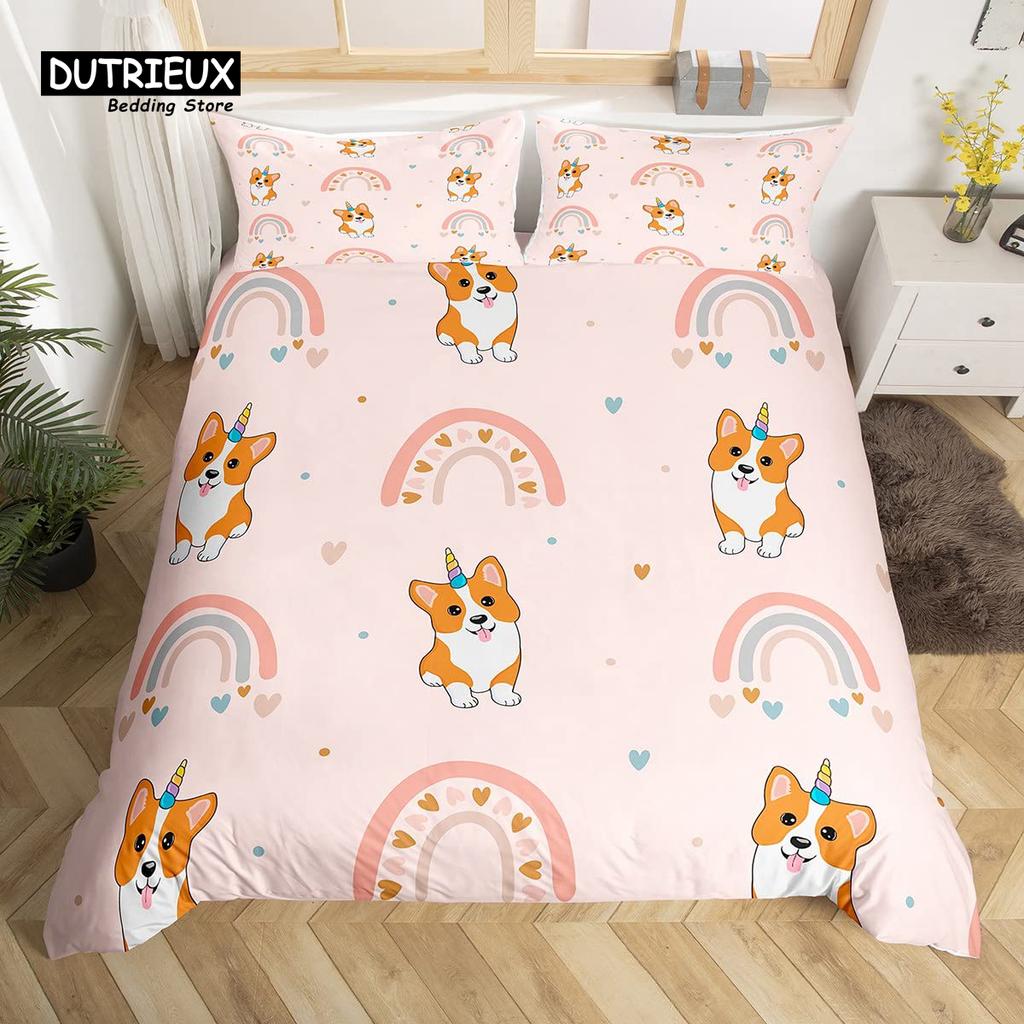 Cute Panda Duvet Cover Set Kawaii Rainbow Cartoon Animals Bedding Set Full Microfiber White Flowers Pink Heart Comforter Cover