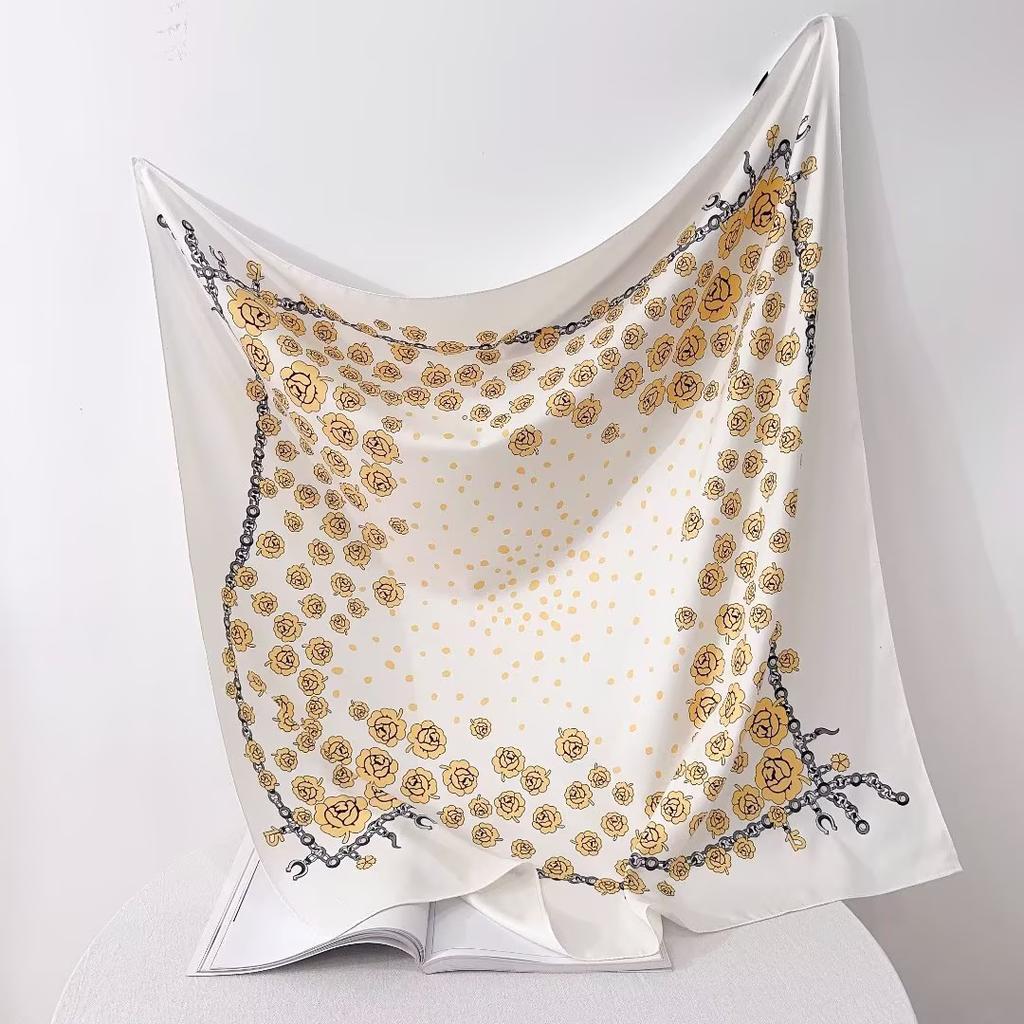 Retro twill rose print 91CM large square scarf versatile foreign style French scarf women's shirt shawl scarf
