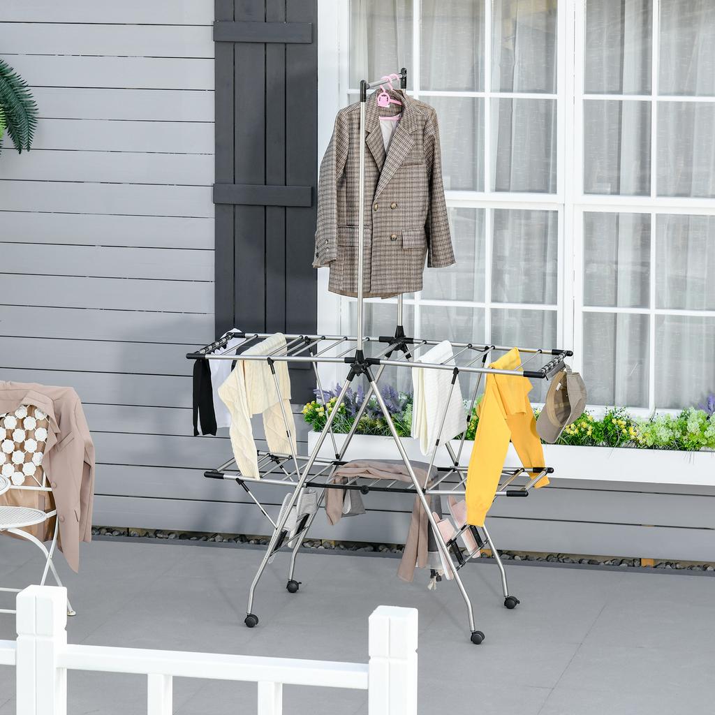 Clothes Airer Foldable Drying Rack with Wheels Large Drying Space Stainless Steel 138.5 x 63 x 208 cm
