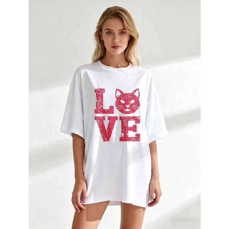 

Oversized T Shirt Black Love Cat Face Print Casual Wear For Women XXXXL белый