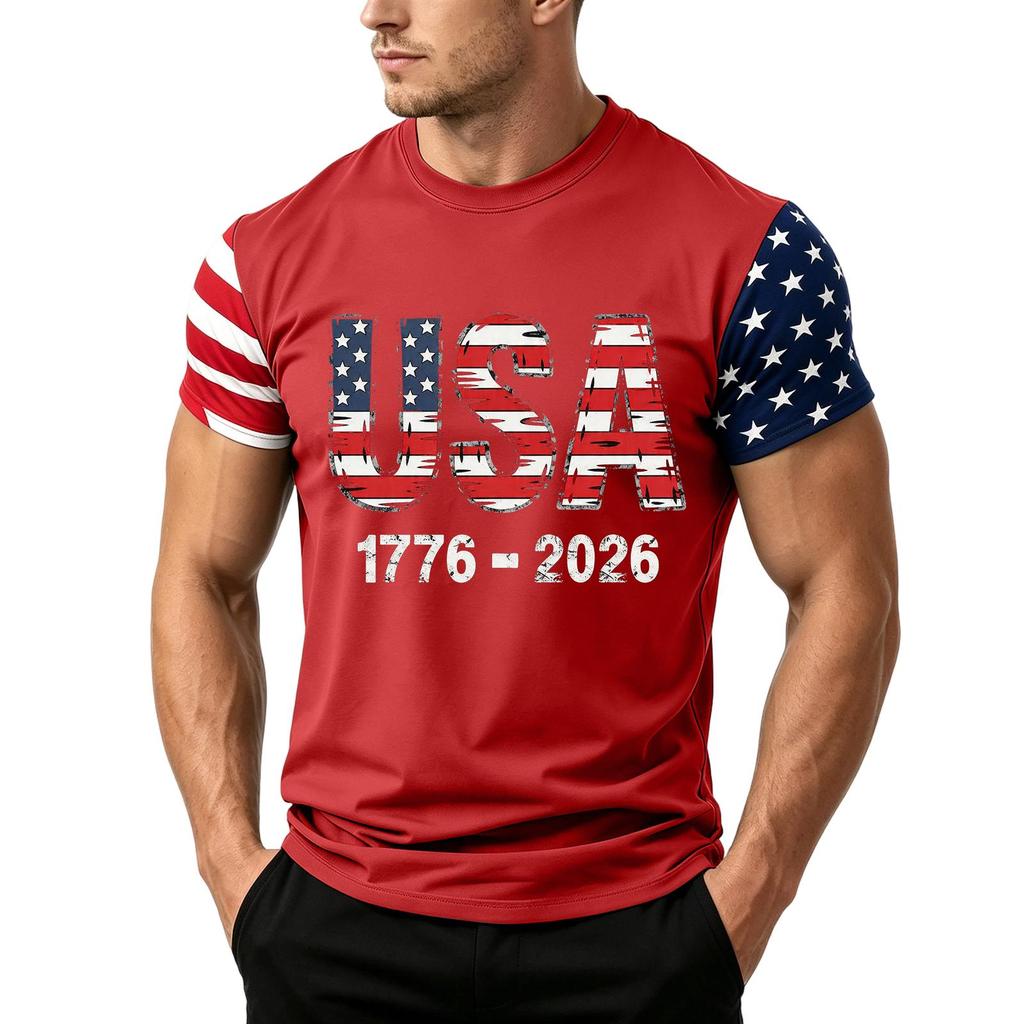 Men's Loose Fit Short Sleeve T Shirt USA Flag Print Casual Summer Daily Wear Crew Neck Top for Outdoor Activities