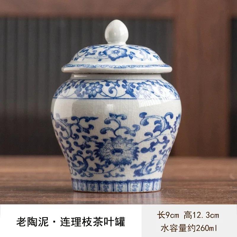 Modrá a bílá porcelánová dóza na čaj Keramická dóza s víčkem Uzavřená krabička na cukroví Retro ledem popraskaná glazura Úložná nádoba na čaj