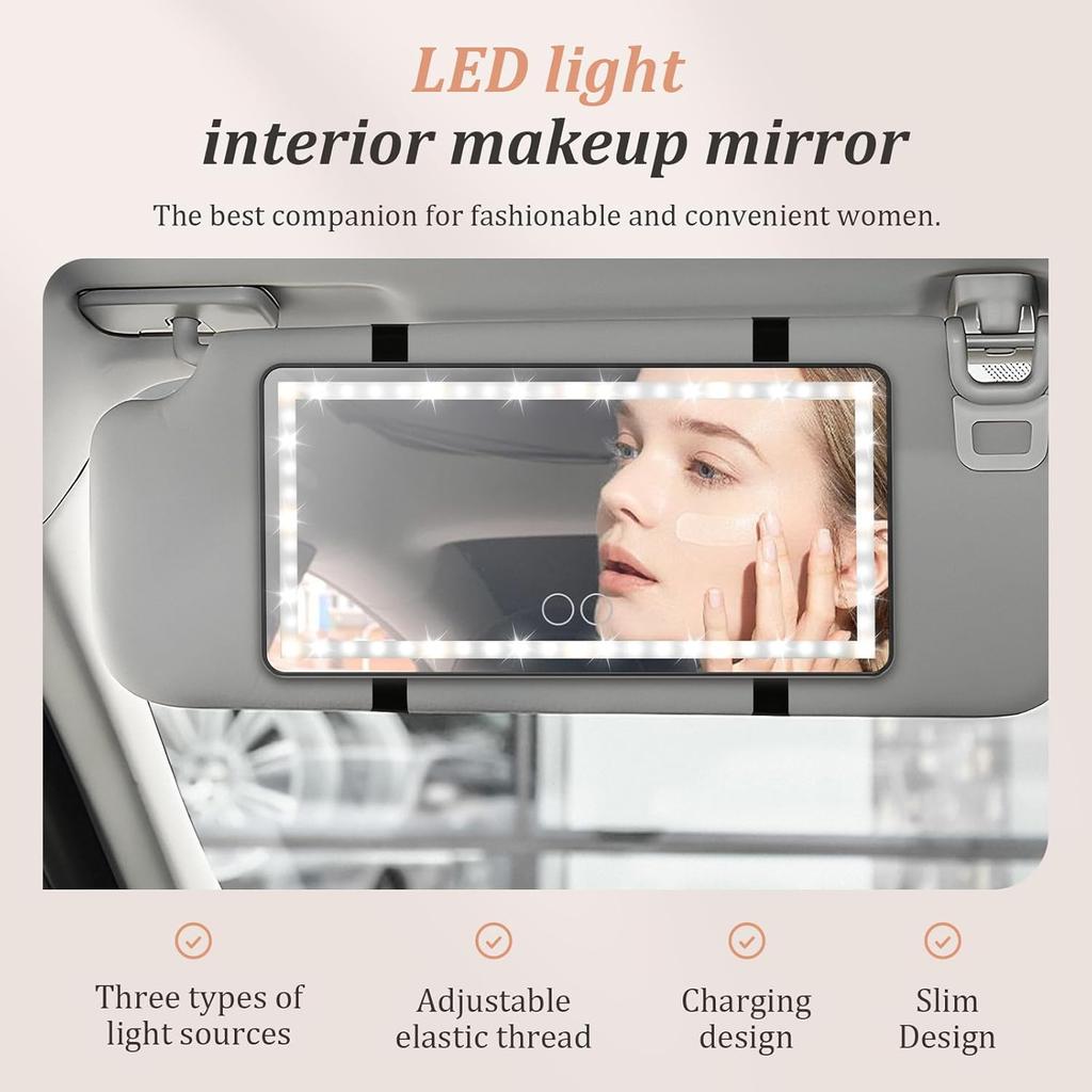 Car Sun Visor Vanity Mirror,60 LEDs Light &3 Light Mode,USB Rechargeable Sun Visor Vanity Mirror Dimmable Touch Screen Cosmetic Makeup Mirror