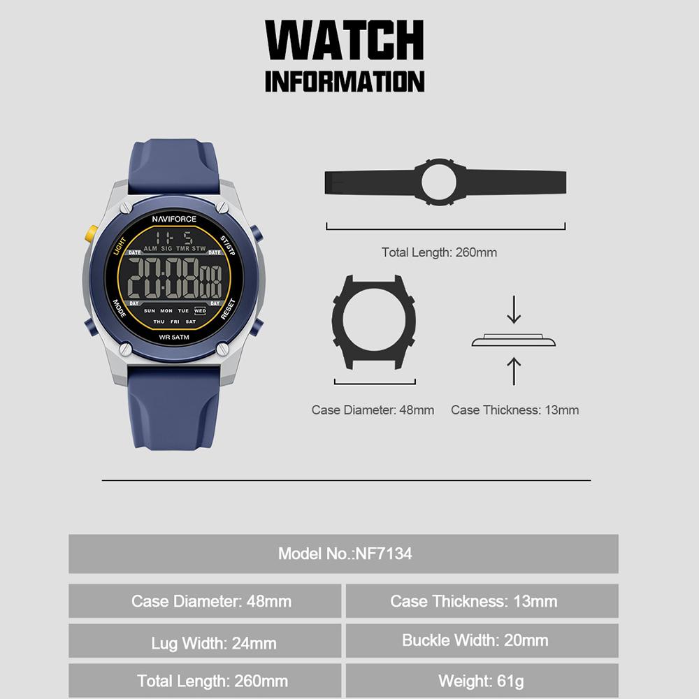 NAVIFORCE Original Men Digital Watch LCD Display Date Calendar Chronograph Alarm Silicone Strap Night Pattern Waterproof Men Watch NF7134