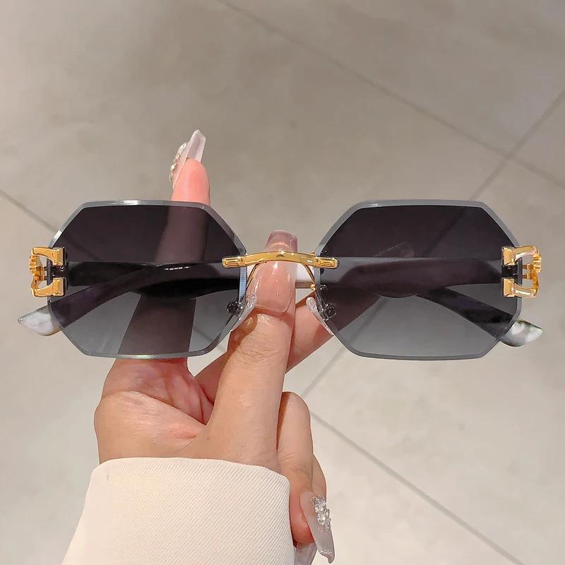 Vintage Rimless Polygon Shades Luxury Brand Gradient Women's Sunglasses Fashion Leopard Decor Travelling Sun Glasses