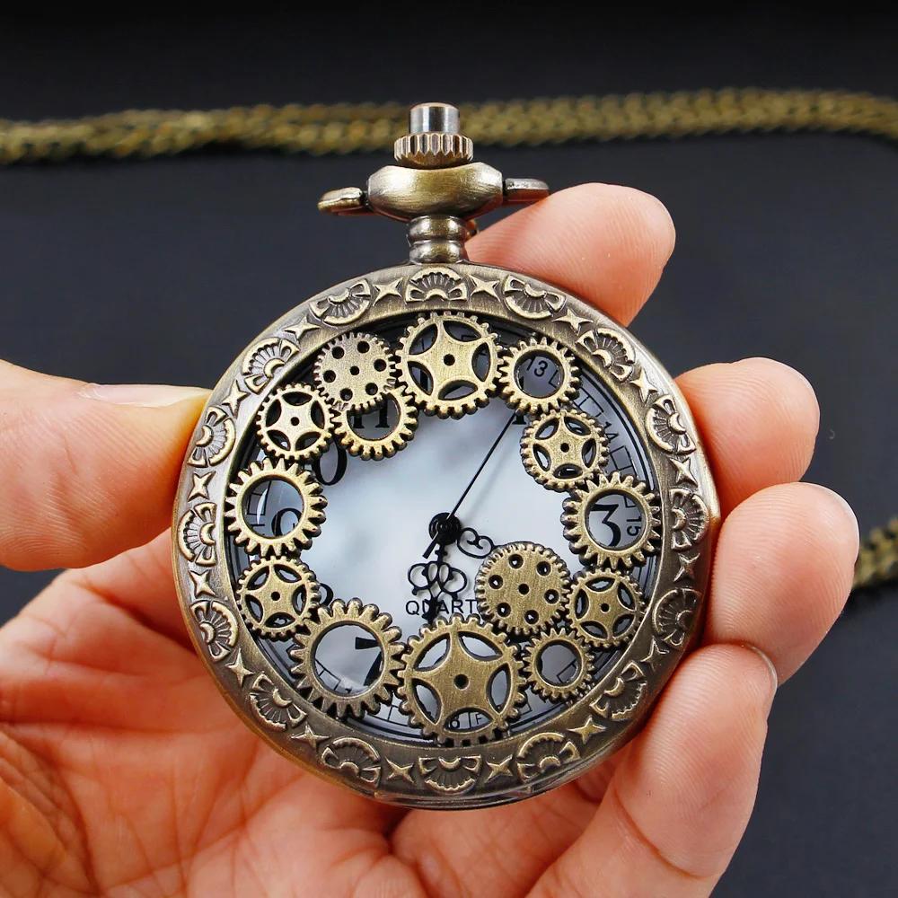 Bronze Quartz Movement Pocket Watch Hollow Gear Necklace Pendant Gift With Chain Pendant Gifts For Women Or Man with Fob Chain