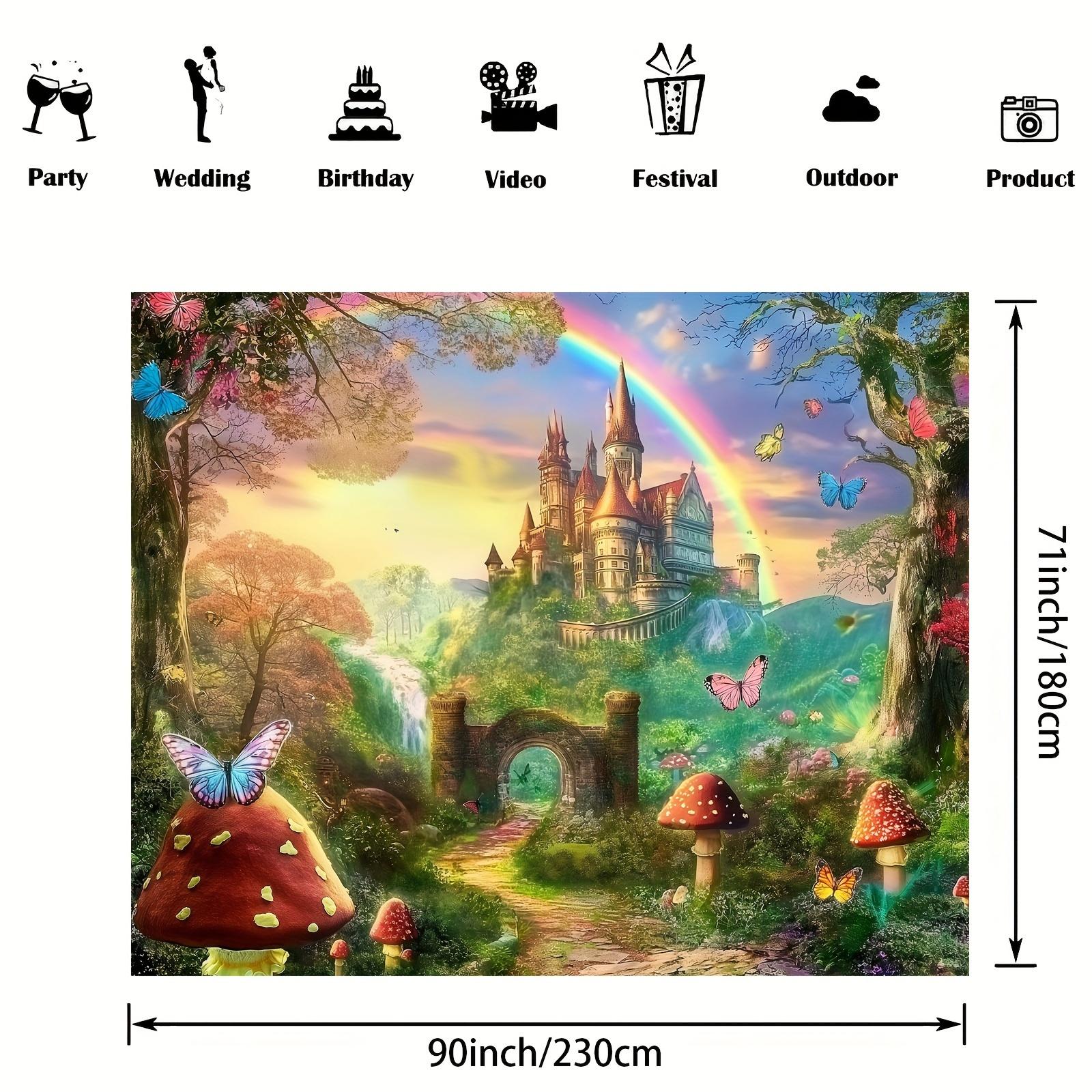 Fairy tale fantasy world castle background cloth: charming forest, rainbow and castle, parties, weddings, birthdays 130X150cm