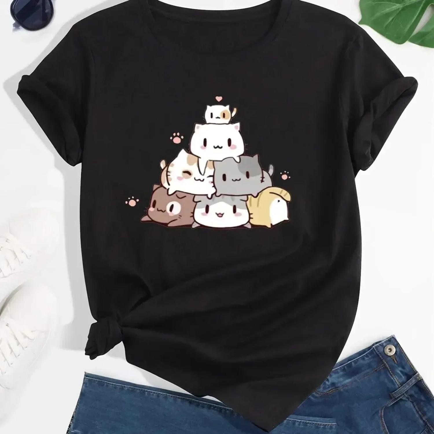 

Fashion Summer T-Shirts Tops Women s Clothing Cartoon Cat Graphic Print Crew Neck T-shirt Casual Short Sleeve Streetwear Tees XXXXXL чорний