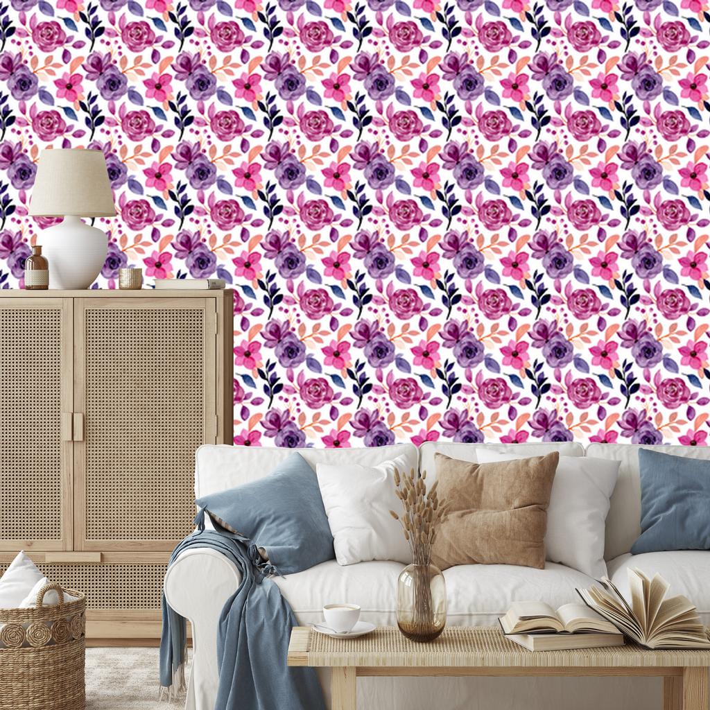 Wallpaper Flowers White and Purple for Living Room and Bedroom 50x1000