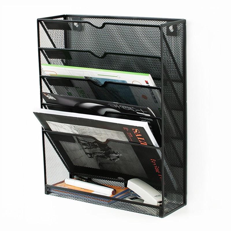 Five-Tier Wall-Mounted Metal File & Document Holder, Black Silver Wrought Iron Bookshelf