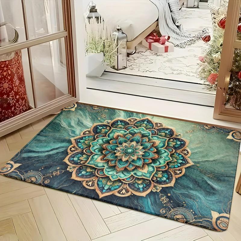 Teal Gradient Luxury Mandala Flower Swirl Art Pattern Print Anti Slip Entrance Doormat Boho Spiritual Entry Floor Mat