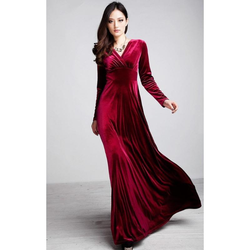 Women's Long Sleeve Velvet Maxi Dress - Elegant V-Neck Autumn Winter Evening Gown