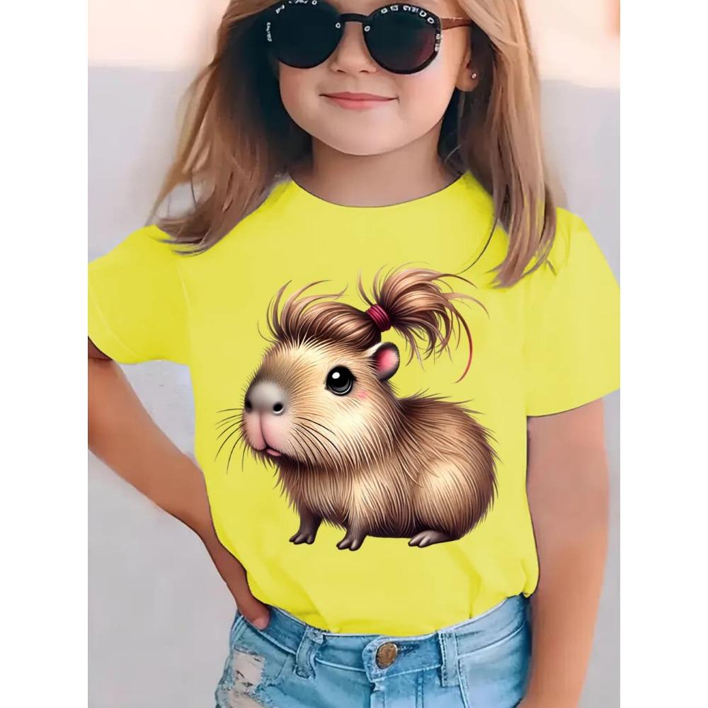 2026 Children's T-Shirt Cute Capybara Cartoon Print Casual Short-Sleeve Tee Summer Children Top O-Neck Fashion T-Shirt for Girls