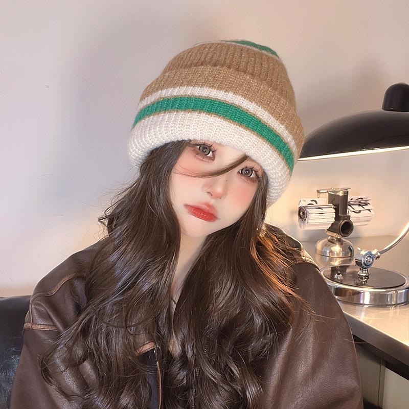 Women's Autumn and Winter Warm Knitted Hat Korean Style Striped Big Head Circumference Face Small Ear Protection Head Hat