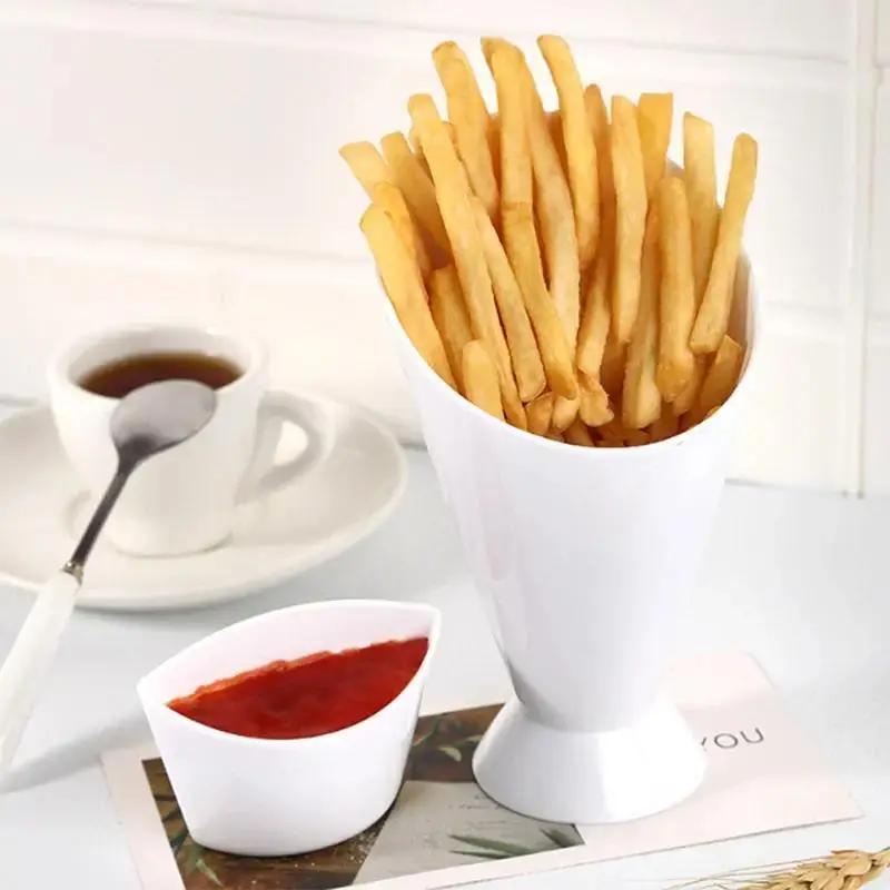 1pc 2 In 1 French Fries Cups Plastic Cups Sauces Snacks Dessert Plate Ketchup Slant Cup Two Cup Spout Kitchen Accessories