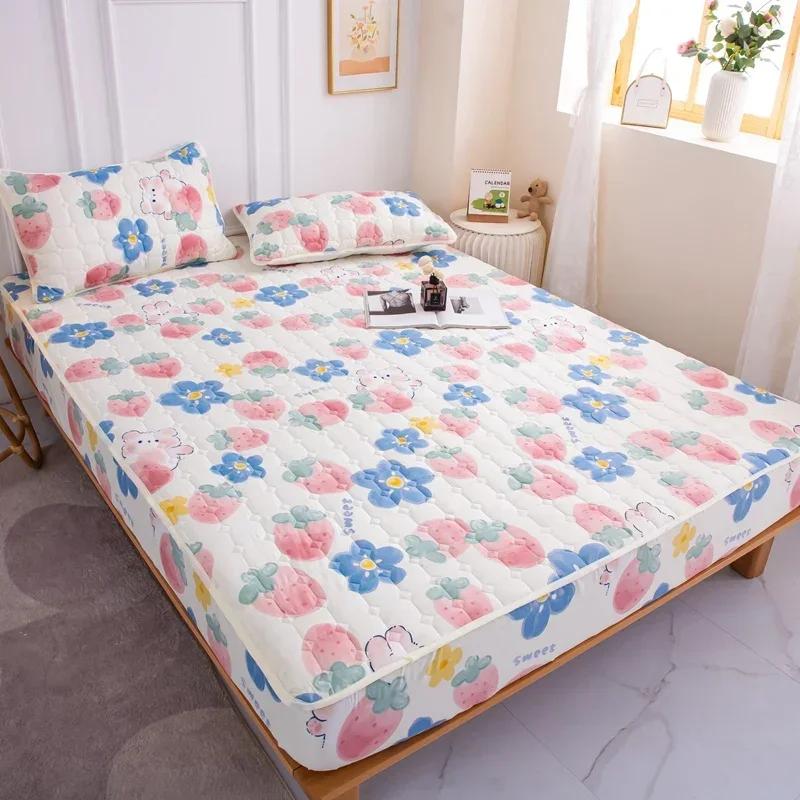 Thick Quilted Mattress Cover, Stitched Bed Linen, Printed Bedding, Large Non-Slip Bed Sheet, Dust Cover Without Pillowcase