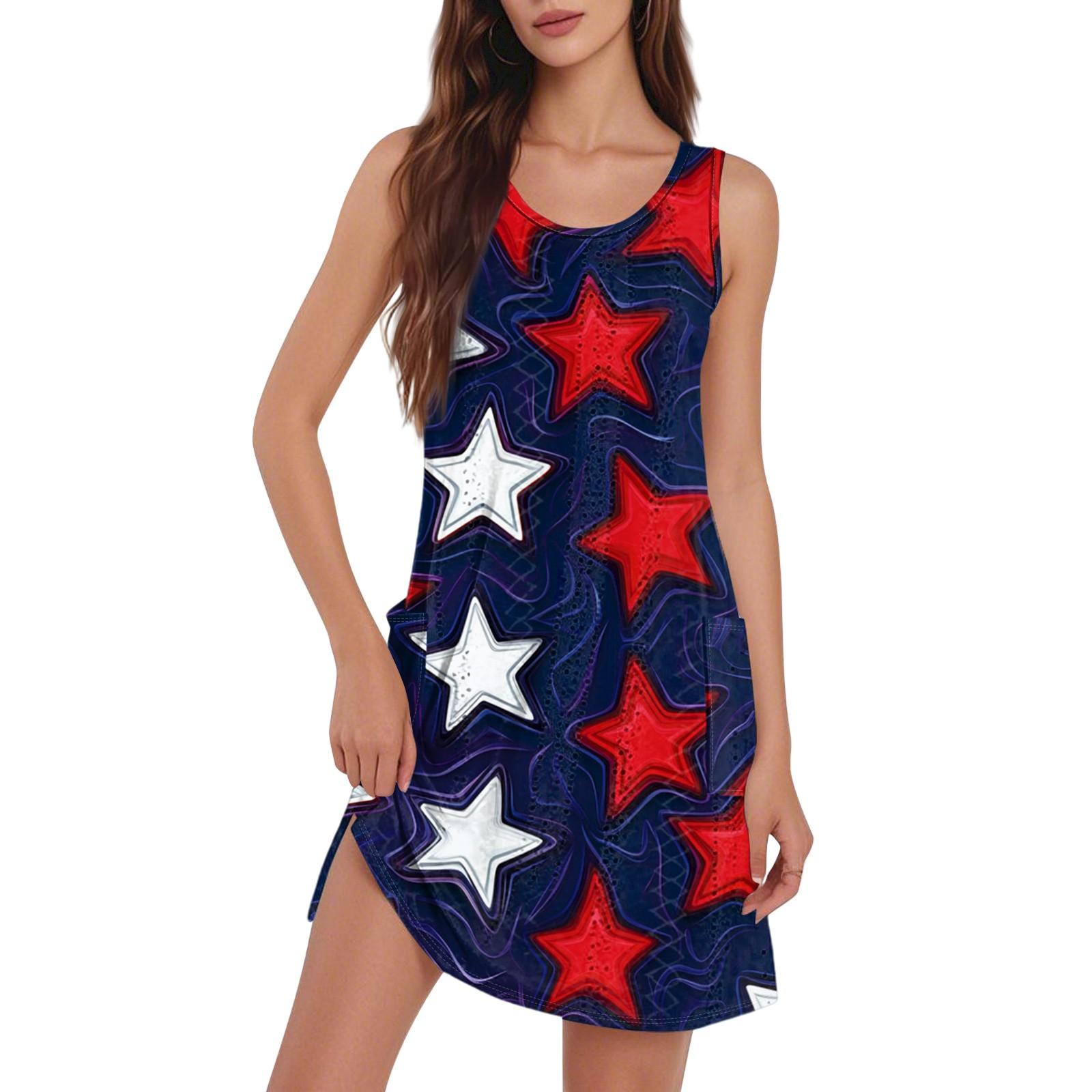 

Women s Casual Fashion Breathable Independence Day Printed Pocket Hem Slit Vest Dress XL