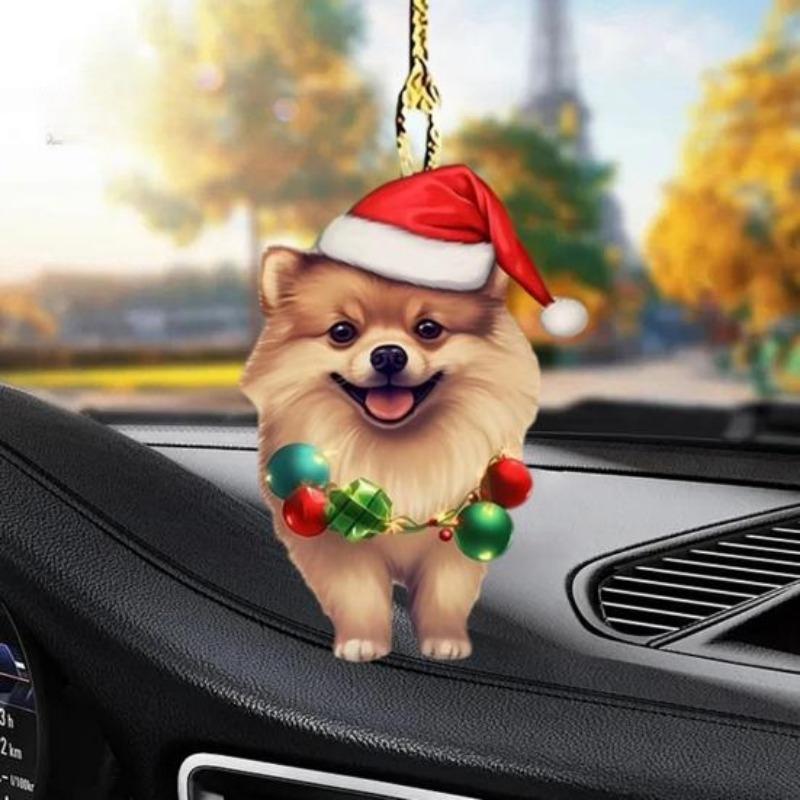 Christmas Dog Rearview Mirror Pendant Car Ornament Decoration Cute Puppy Wearing Christmas Hat Christmas Tree Decorations Car Accessories