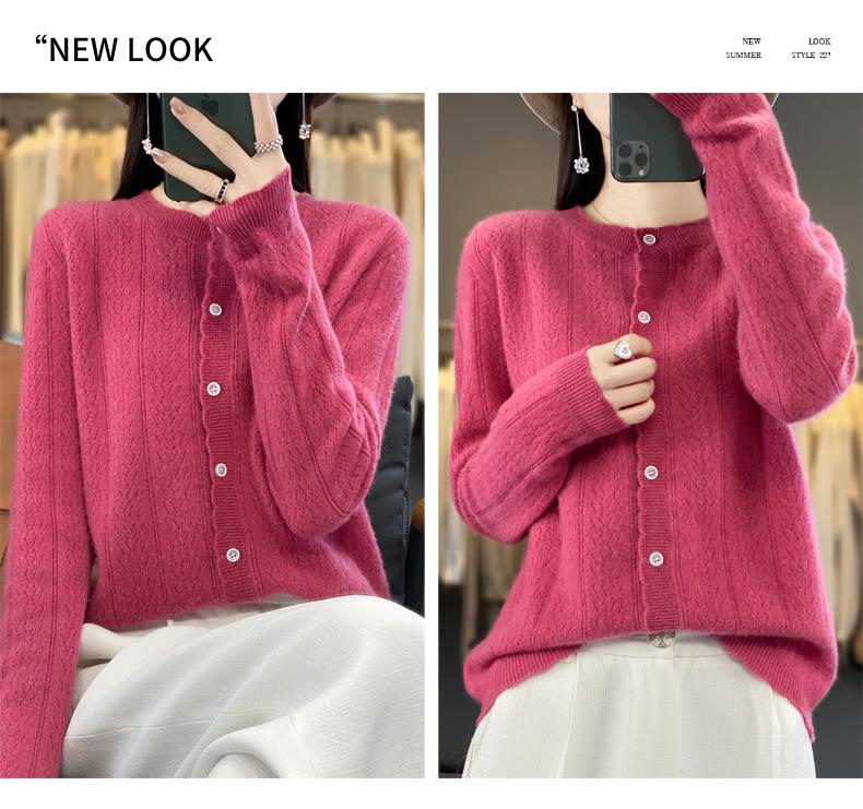 Women's Loose Knit Pure Wool Cardigan - Wheat Ear Design for Autumn Winter