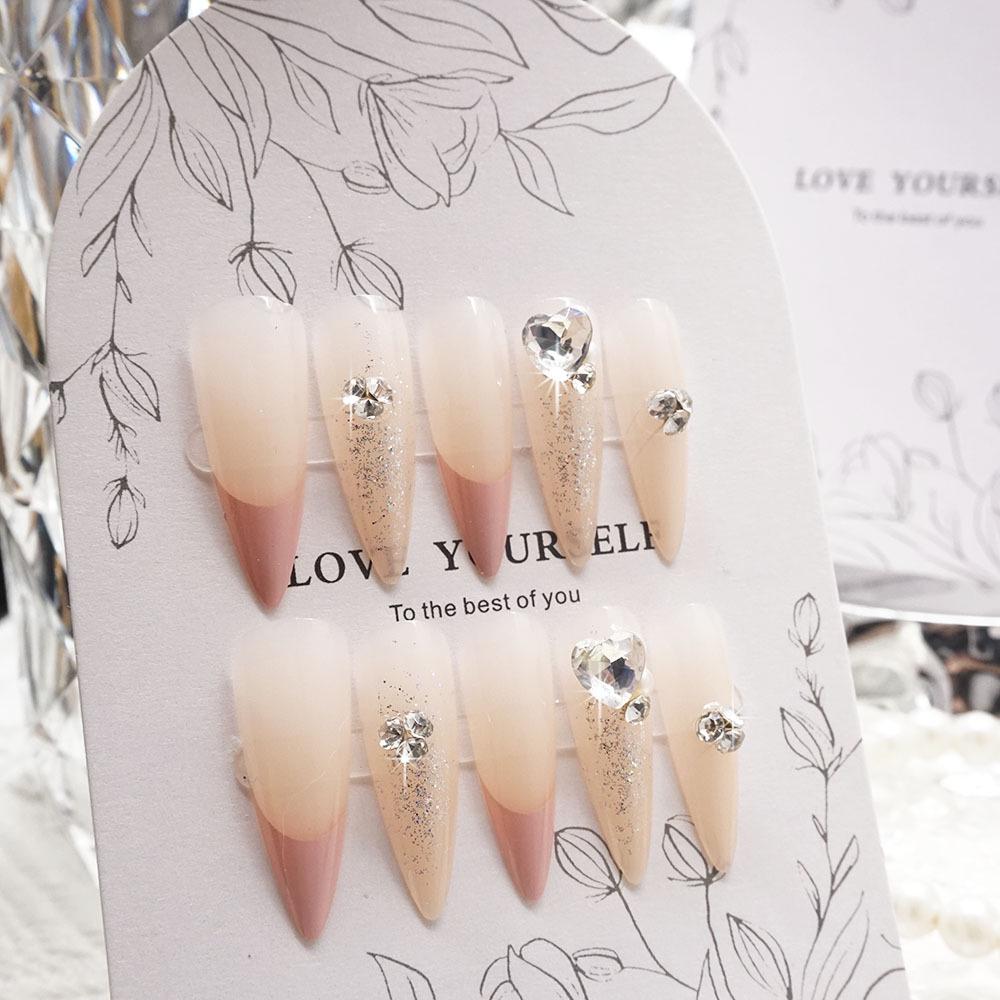 French Princess Pink Rhinestone False Nails - Light Luxury Handmade Nail Art Tips