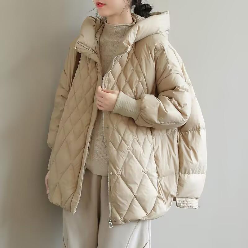 Women's Spring Autumn and Winter Plus Size Medium Length Padded Thin Section Warm Jacket Casual Loose  Hooded Cold Windproof Outerwear