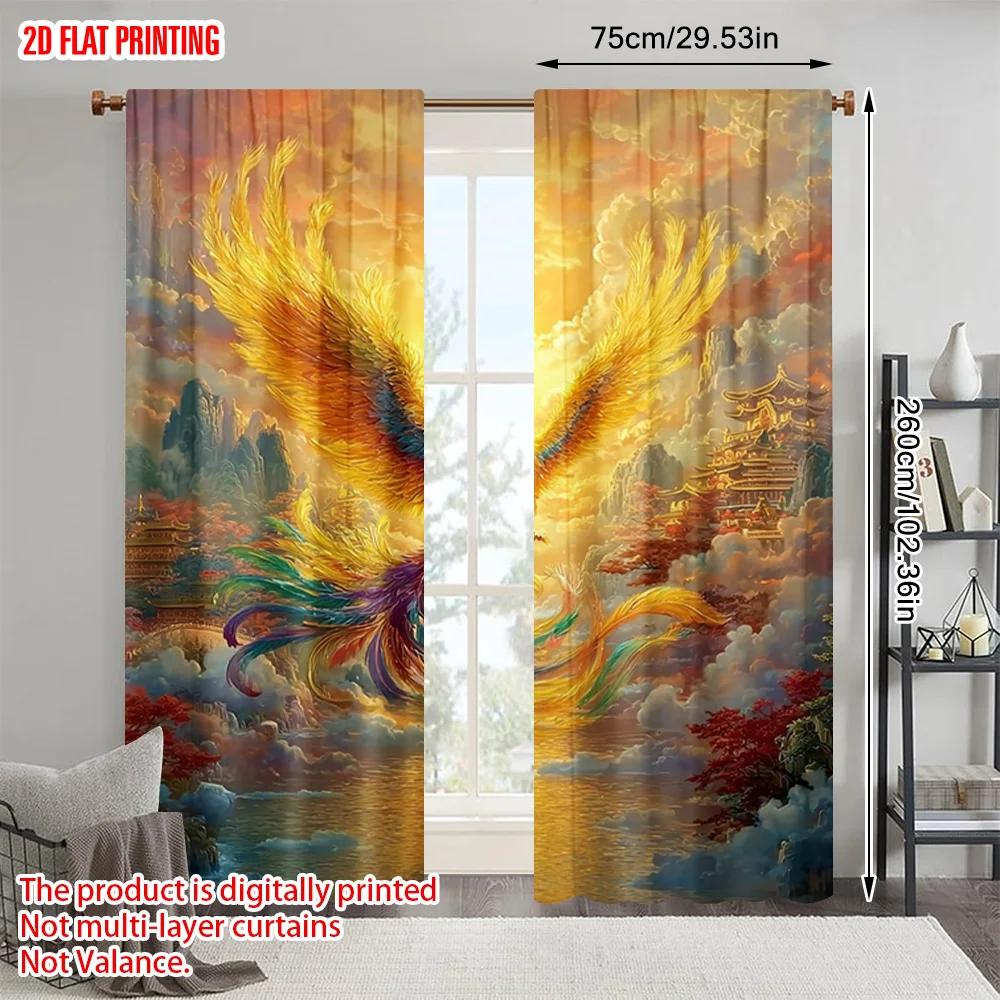 2pcs, plane printing Curtains Phoenix Bird Versatile 100% Polyester (without rod) Decorations Outdoor Use for Living Room,