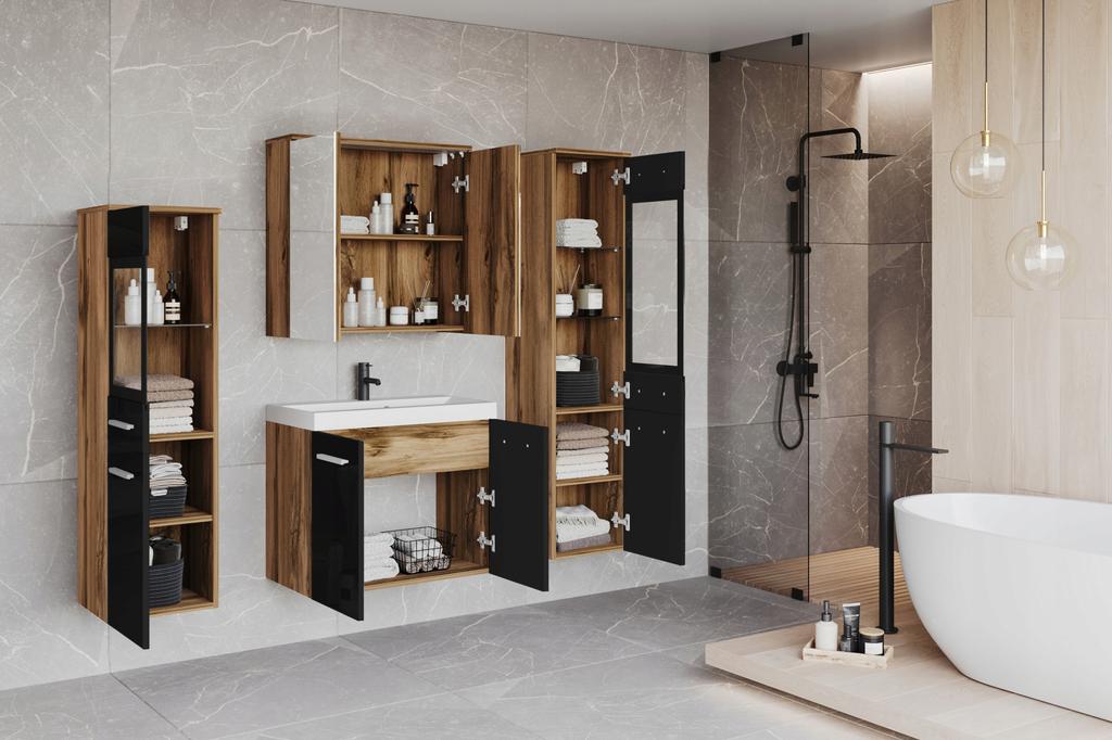 Wall-hung Bathroom Set with Washbasin, Pillars, and Mirror, Glossy Black Wotan