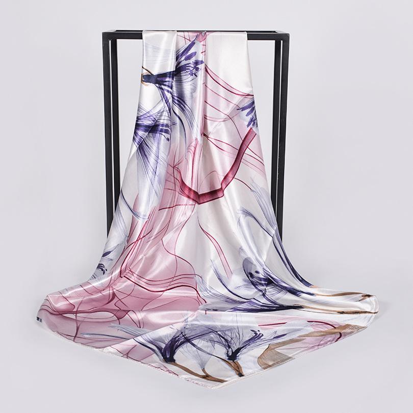 [BYSIFA] White And Pink Silk Scarf Shawl Fashion Brand Floral Satin Square Scarves Hijabs Autumn Winter Headscarves Wraps 90*90