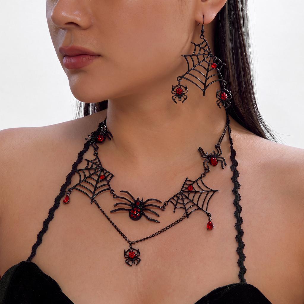 Gothic Punk Double Layer Black Spider Web Necklace For Women Red Crystal Waterdrop Spider Pendant Choker Party Statement Jewelry
